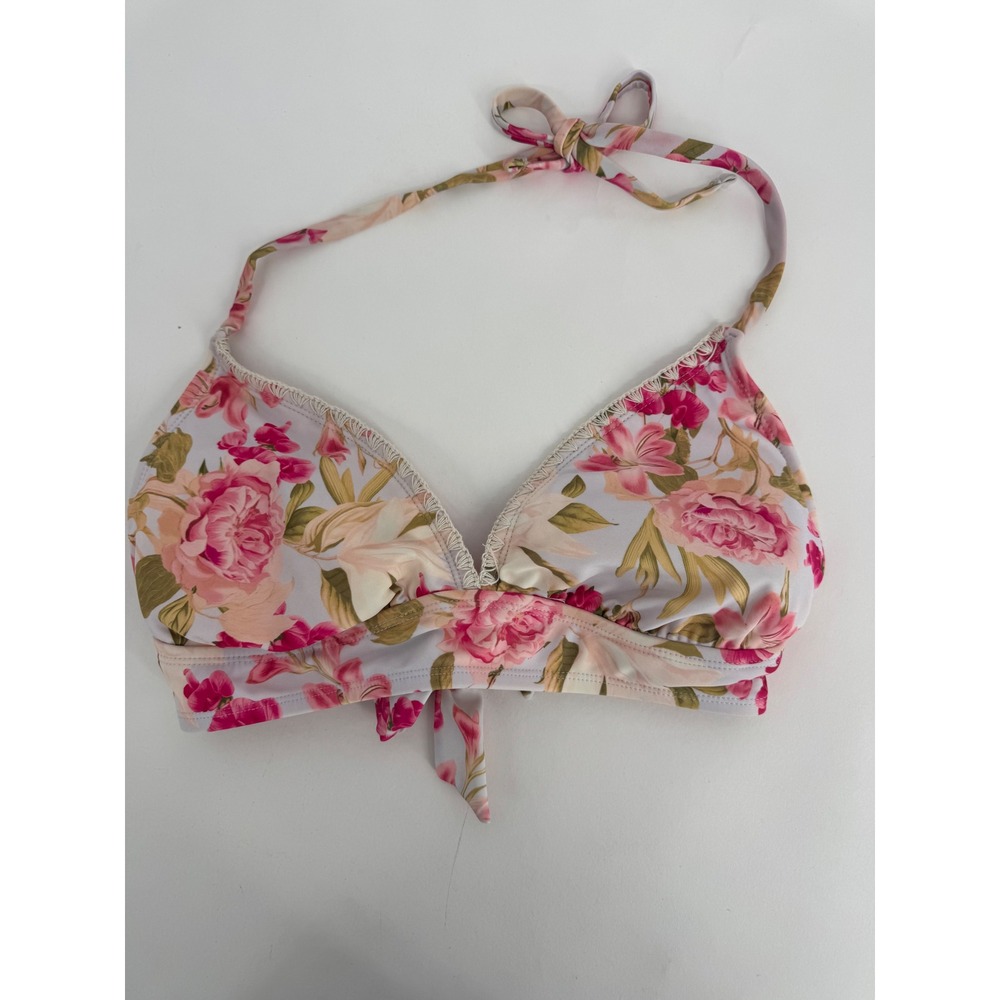 Kona Sol Floral Crochet Trim Bikini‎ Top Pink White D/DD Cup